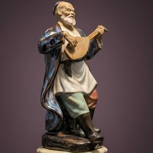 Vintage Chinese Mudman Figurine - Musician Playing Pipa/Lute - Drip Glazed Stone